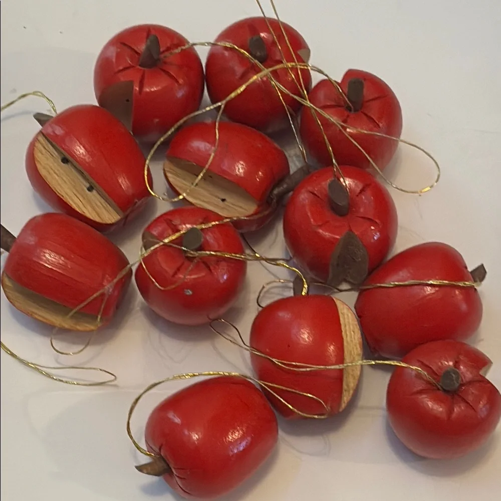 Apple Ornaments Tiny Wood Apples Set of 12 red Wooden Apples Vintage
